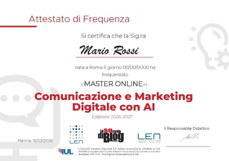 Fac simile dell'attestato di frequenza e profitto del Master 2026