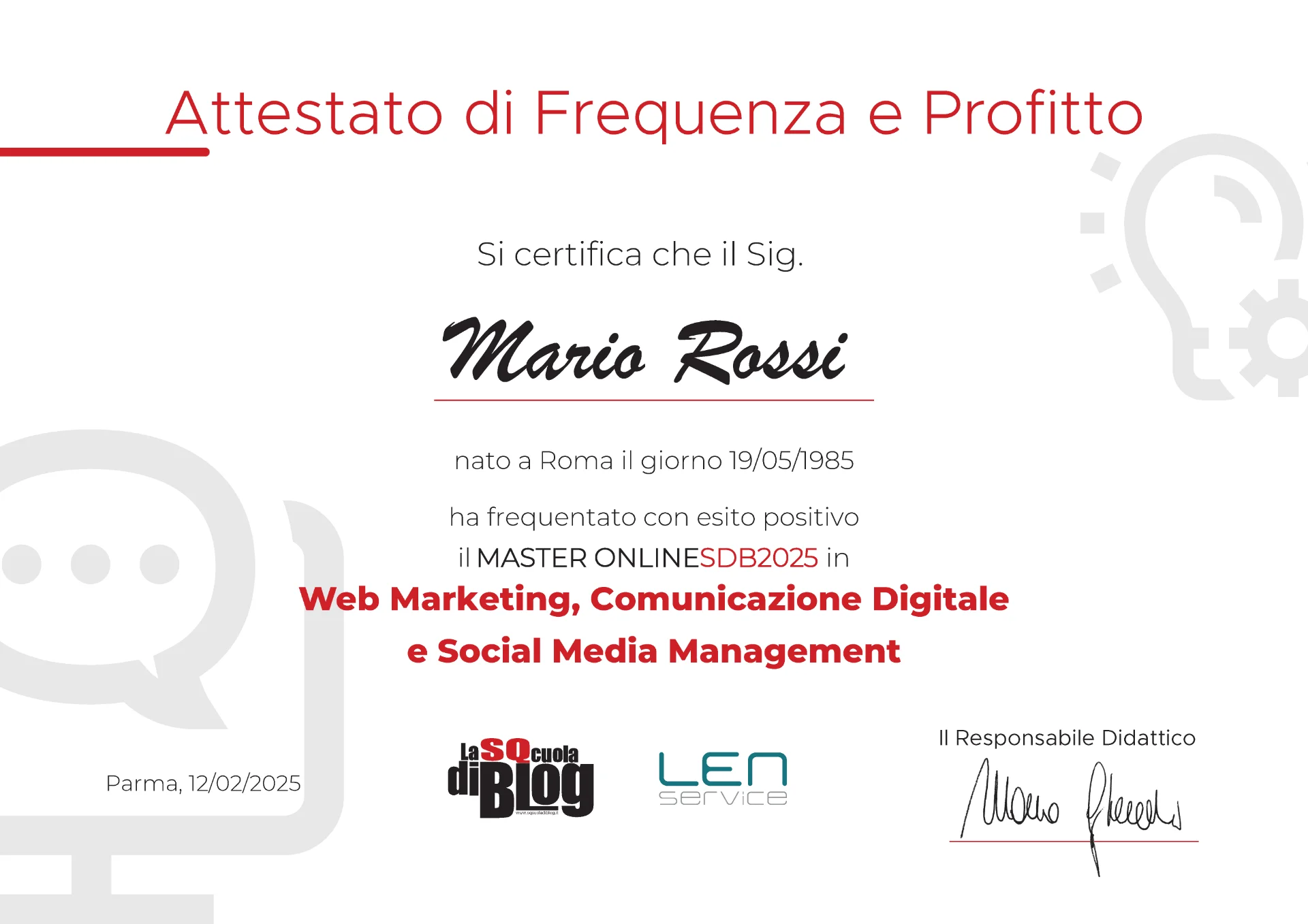 Fac simile dell'attestato di frequenza e profitto del Master 2025